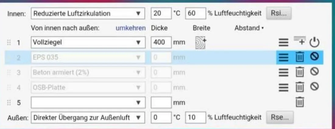 Ubakus-Wandaufbau mit 400 mm Vollziegel ohne PScoat-Schicht im Berechnungsmodell